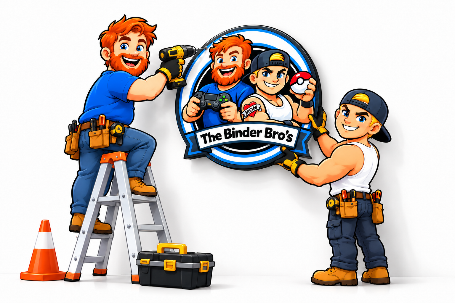 The two Binder Bros putting up their shop sign, with a ladder and tools in a bright white space